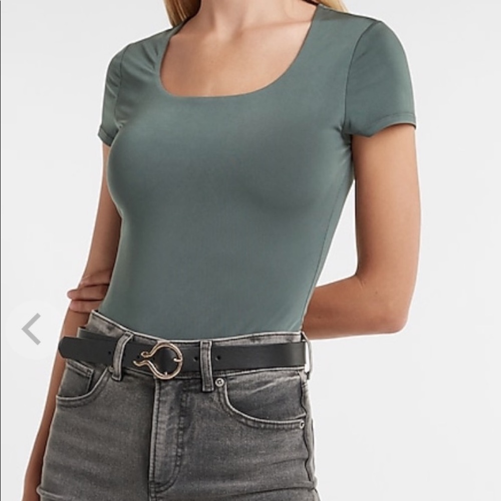 🌿 Body Contour Double Layer Scoop Neck Thong Bodysuit in Basil